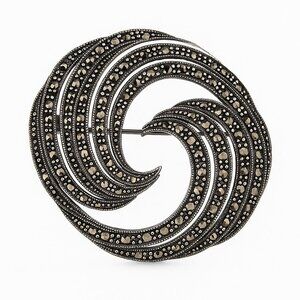 Sterling Silver Marcasite Swirl Brooch – Signed Sterling – Vintage Style Dimensi